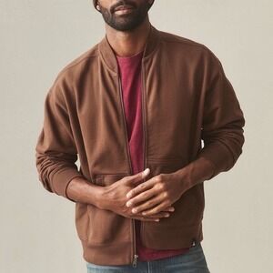 American Giant Bomber Jacket Mens Large Brown Logo Fleece Lined Cotton Full Zip